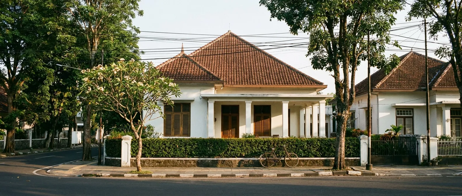 Tampak muka rumah 1938 yang dipertahankan difoto dari seberang jalan kawasan, bersama pagar rendah dan rumah sekawasan di sebelahnya.