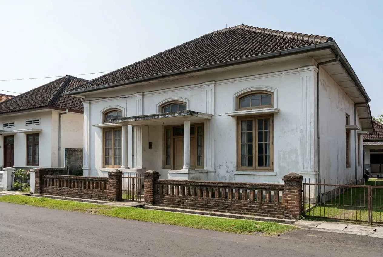 Tampak muka rumah 1930-an Griya Kotabaru yang dipertahankan pada cahaya siang.