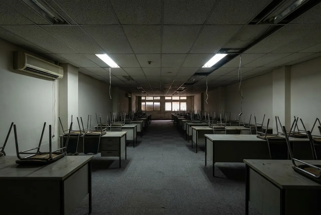 Ruang kantor memanjang dengan plafon gantung rendah, lampu neon menyala pada siang hari, dan jendela hanya terlihat jauh di ujung ruang.