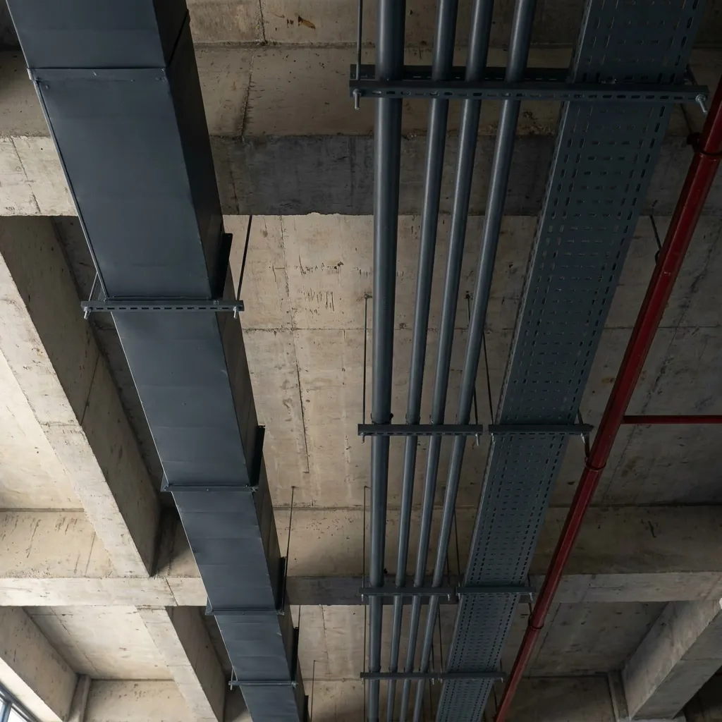 Foto dekat pipa, ducting, dan jalur kabel yang ditata pada satu ketinggian dan dicat satu warna gelap di bawah pelat beton.