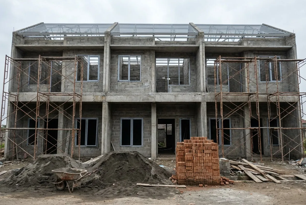 Struktur lantai dua tiga unit Rumah Deret Purwomartani pada Juli 2026.