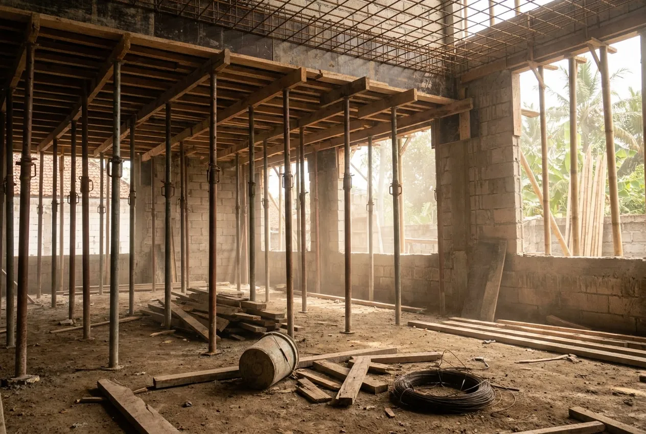 Bekisting kayu lapis dan perancah di bawah pelat lantai dua yang sedang dikerjakan, dengan tulangan besi terpasang di atasnya.