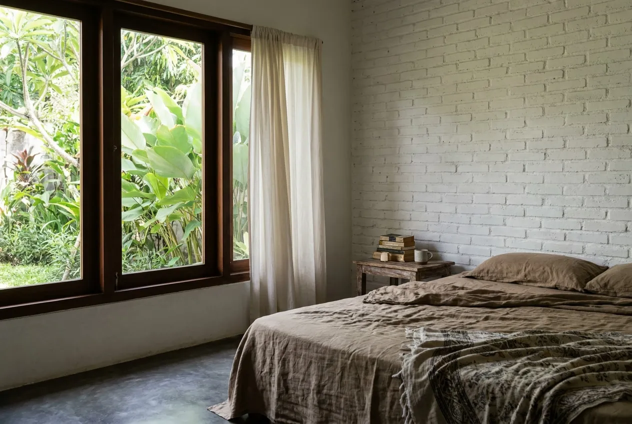 Kamar tidur dengan jendela besar menghadap taman, tempat tidur tidak dirapikan sempurna, dan buku bertumpuk di meja samping.
