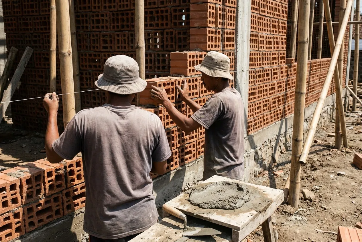 Tukang memasang bata berlubang pada lapisan muka barat, dengan benang ukur terpasang mendatar dan rongga udara terlihat di belakang pasangan.