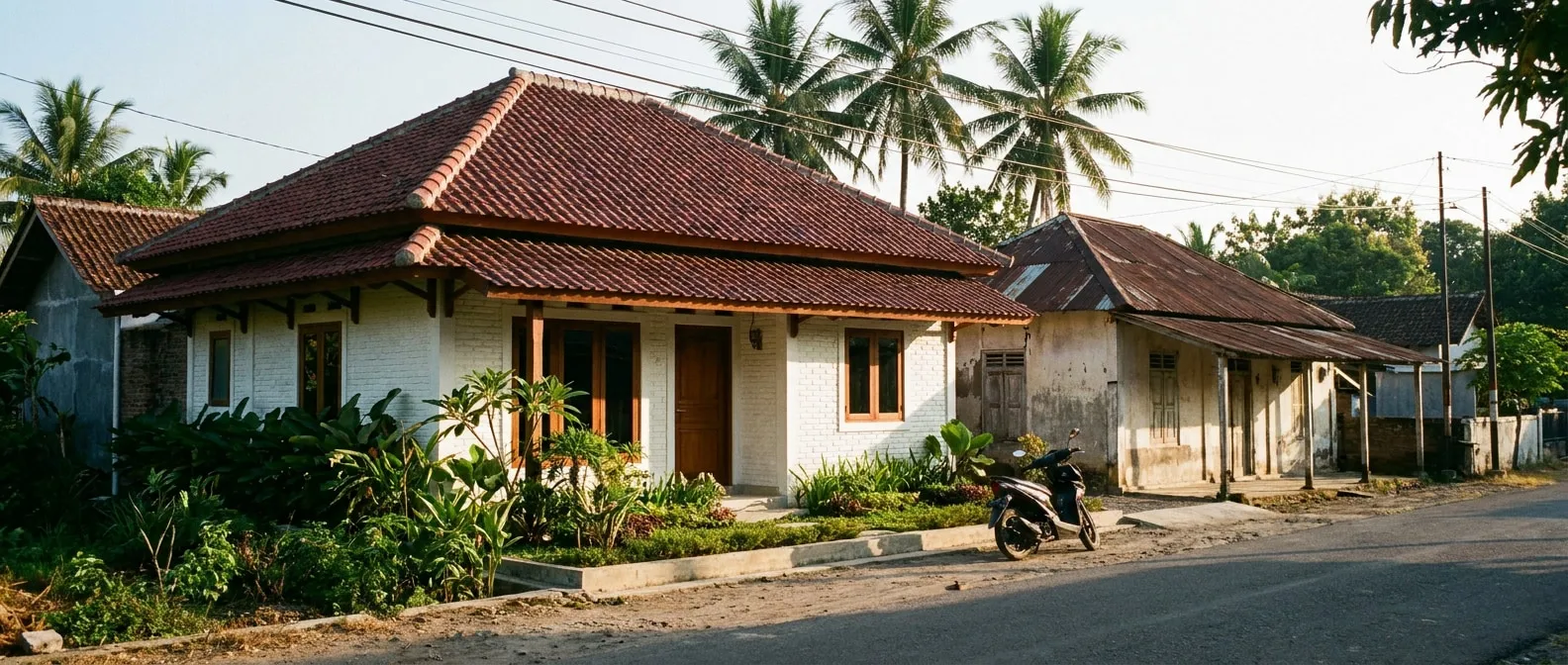 Tahap satu Rumah Tumbuh difoto dari seberang jalan lingkungan bersama rumah tetangga satu lantai di sebelahnya, memperlihatkan bahwa tampaknya terbaca utuh meski hanya satu lantai.
