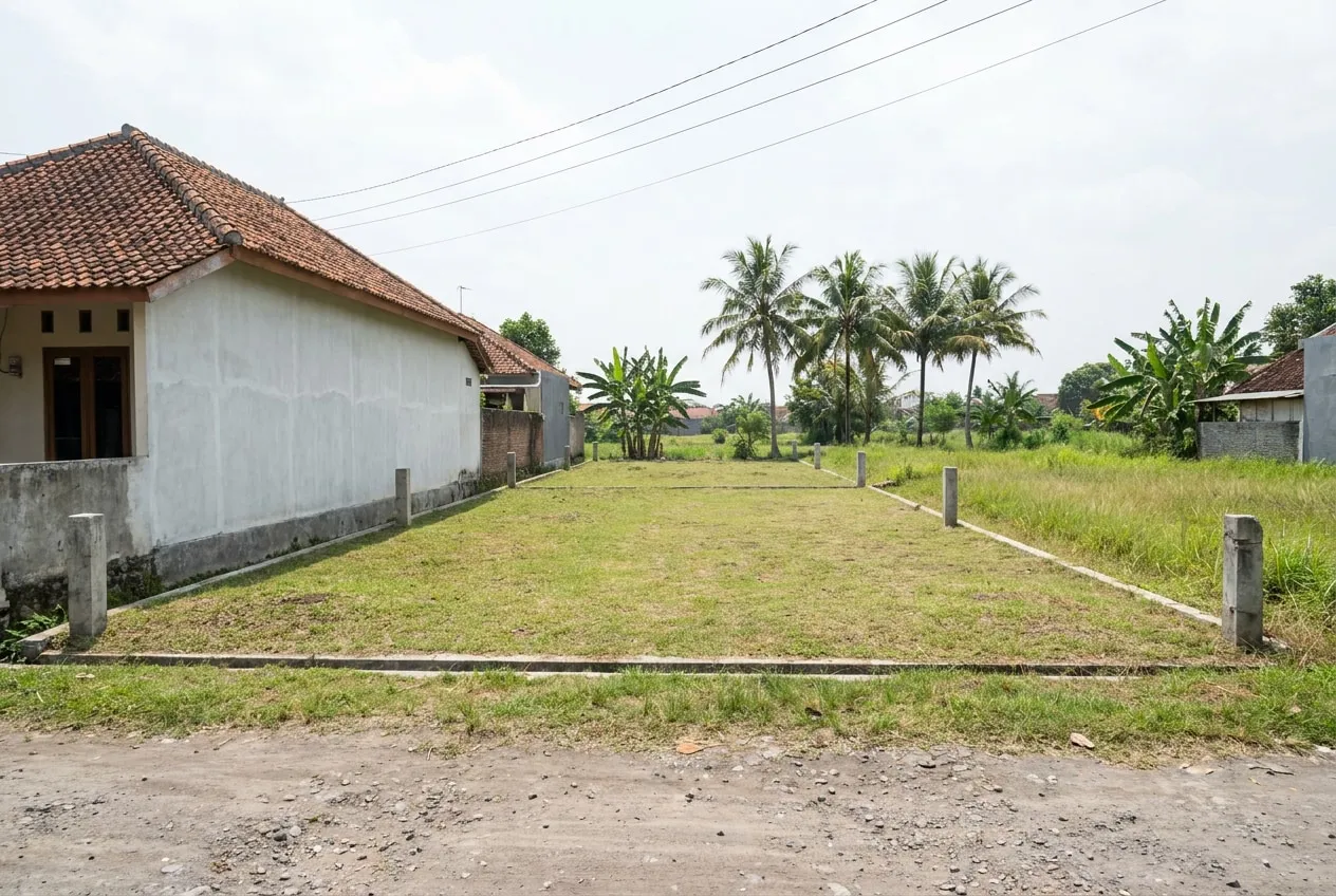 Lahan kosong berukuran sedang dengan rumput dan patok batas, dibatasi rumah tetangga satu lantai di satu sisi dan lahan kosong di sisi lain.