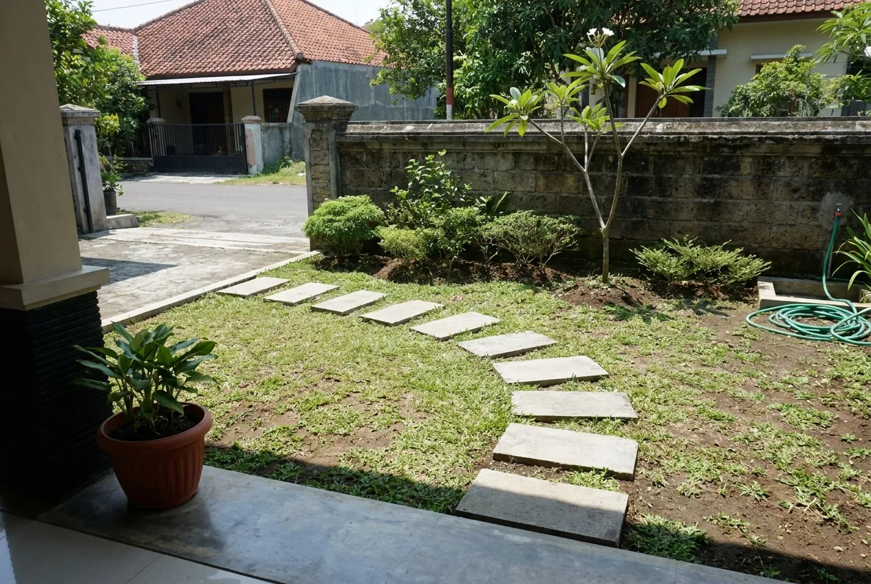 Taman depan dengan rumput, batu pijakan, dan tanaman rendah, difoto dari sisi teras pada siang hari.