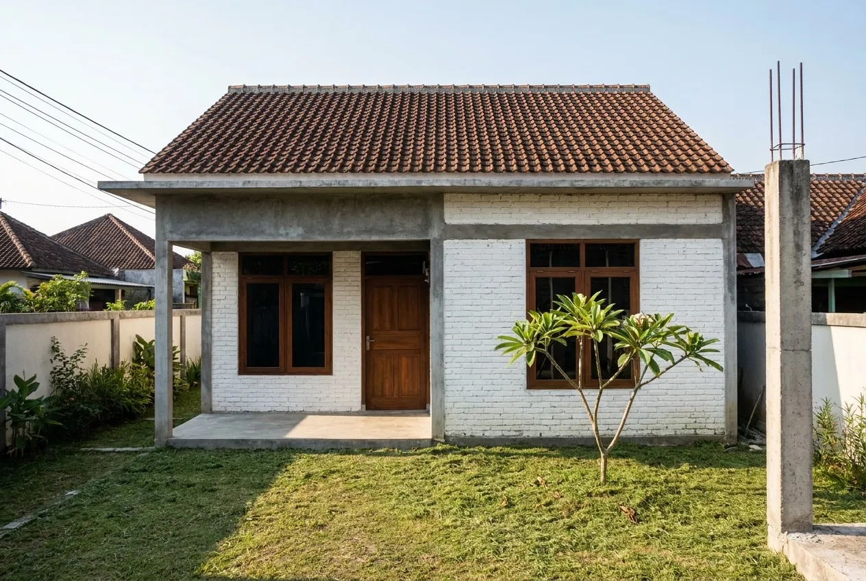 Tampak muka tahap satu Rumah Tumbuh Wedomartani, satu lantai dengan teras selesai.