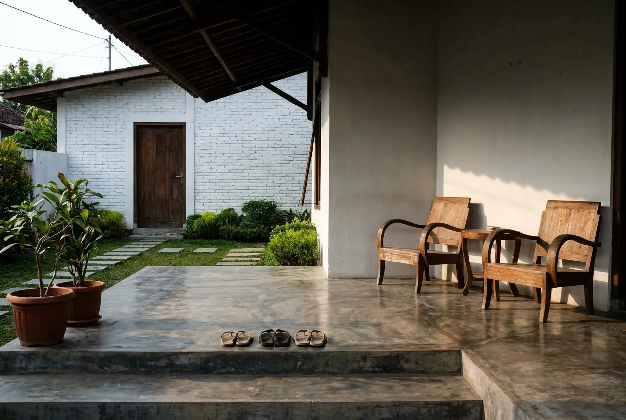 Teras berlantai plester dengan kursi kayu, sandal berjejer, dan tanaman dalam pot, menghadap taman depan yang sudah selesai.