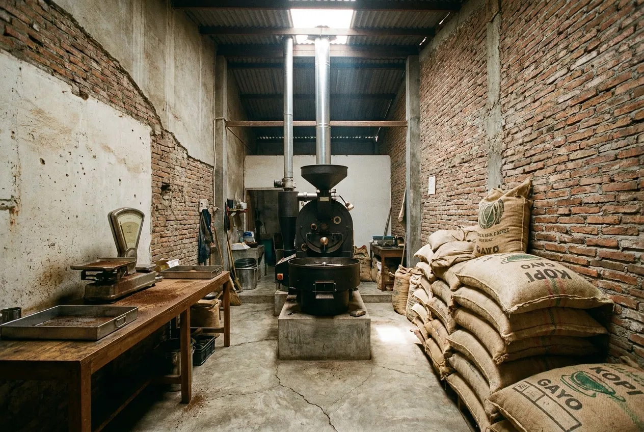 Area kerja dengan mesin sangrai, karung kopi bertumpuk, dan ruang tinggi terbuka sampai ke bawah atap.