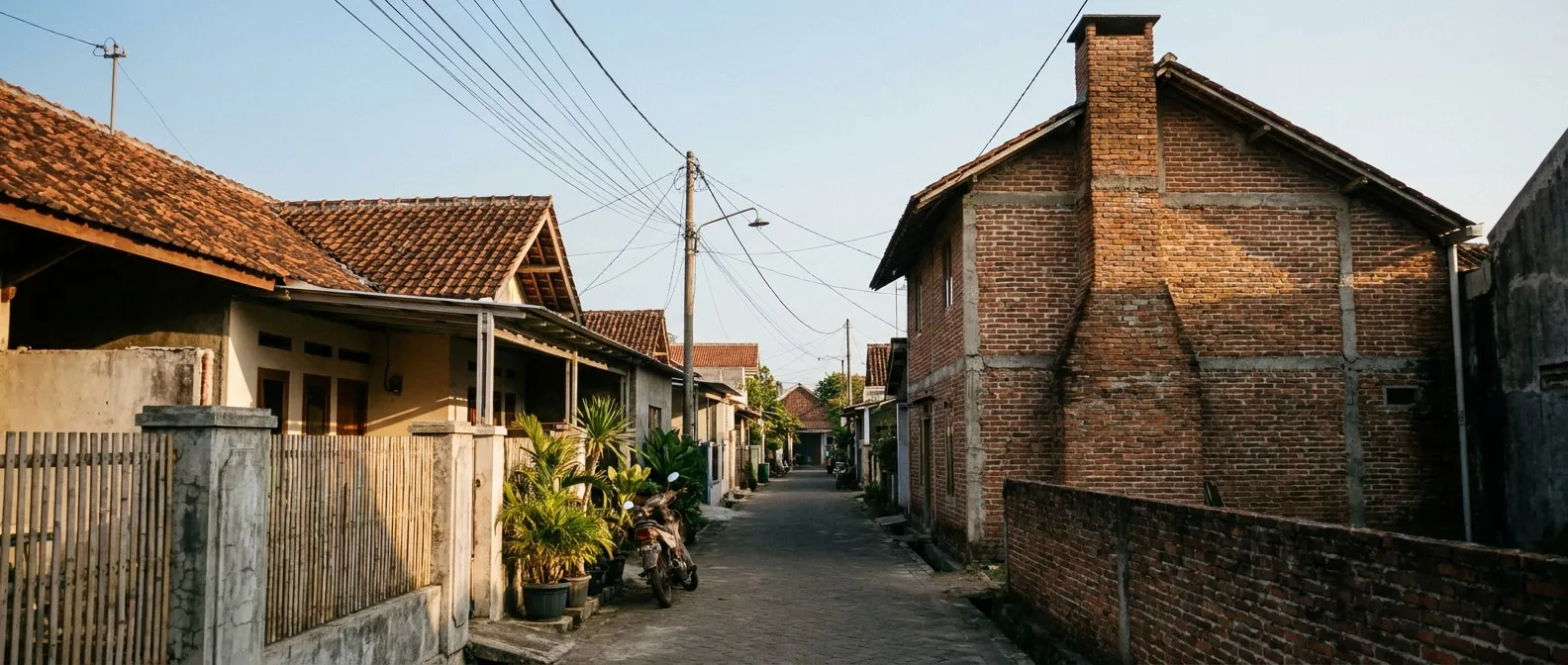 Muka bangunan difoto dari gang sempit bersama rumah tinggal di seberang dan pagar tetangga di sebelahnya, memperlihatkan bagaimana bangunan usaha ini duduk di dalam kampung.