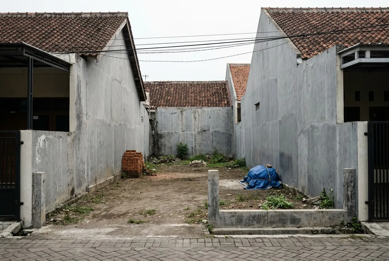 Lahan kosong sempit di antara dinding rumah tinggal, difoto dari gang selebar sekitar empat meter pada siang hari.