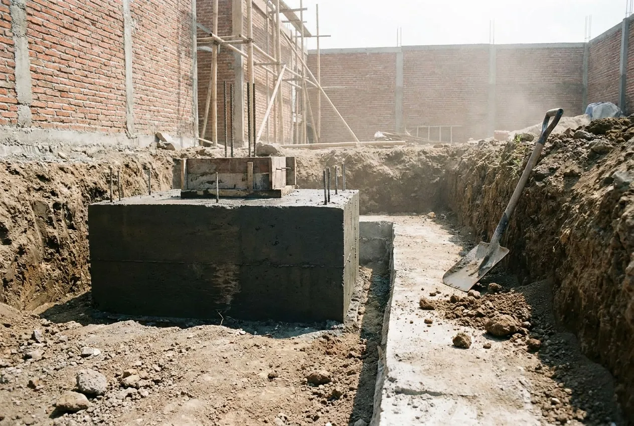 Blok pondasi beton berdiri terpisah di dalam lubang galian, dengan celah antara blok dan sloof bangunan di sekelilingnya.