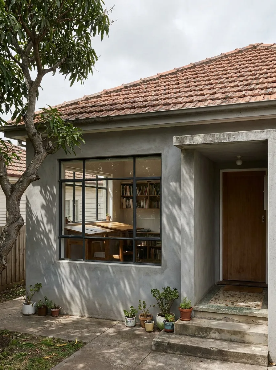 Bekas rumah tinggal tahun 1970-an yang direnovasi studio sendiri pada 2019, difoto dari halaman depan pada siang hari.