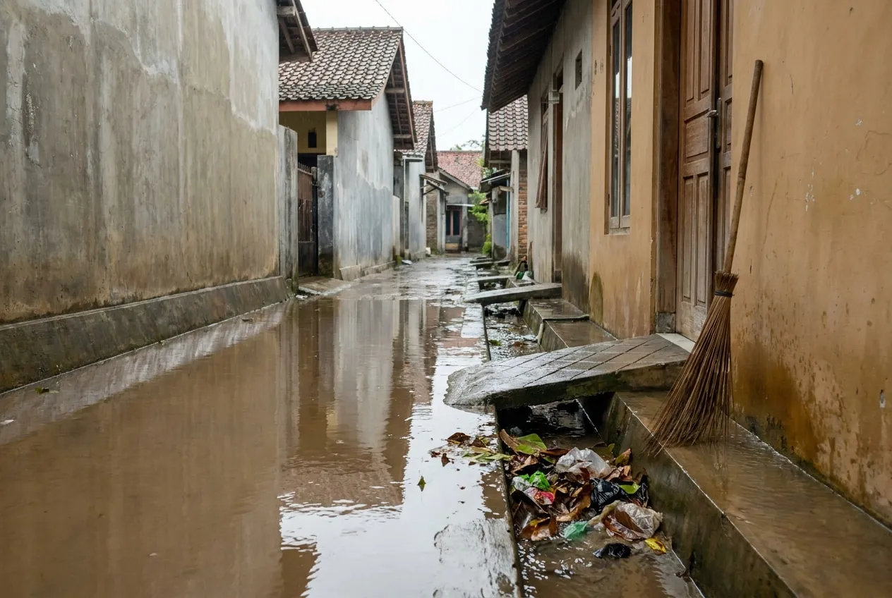 Bagian gang yang menggenang dengan saluran tertutup cor beton di tepinya dan sampah tersangkut di mulut saluran.