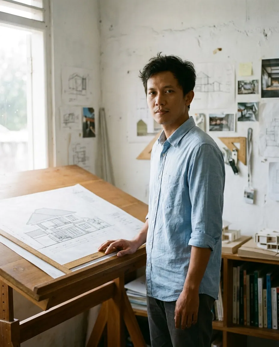 Potret Bagus Aryasatya, Architect, difoto hitam-putih pada latar polos di studio.