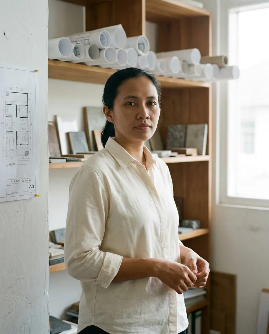 Potret Nadia Prameswari, Co-founder, Architect, difoto hitam-putih pada latar polos di studio.