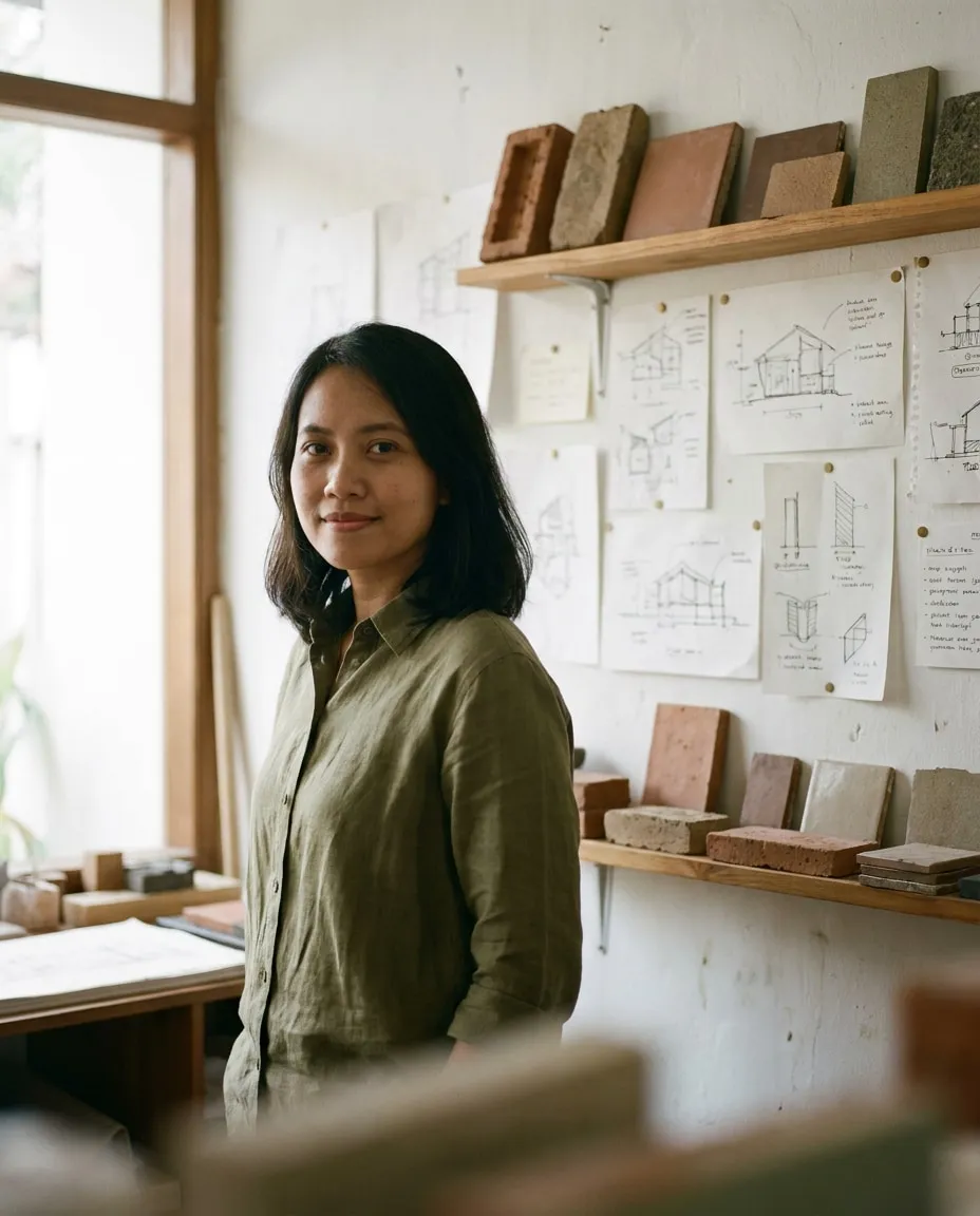 Potret Prita Halimah, Architect, difoto hitam-putih pada latar polos di studio.