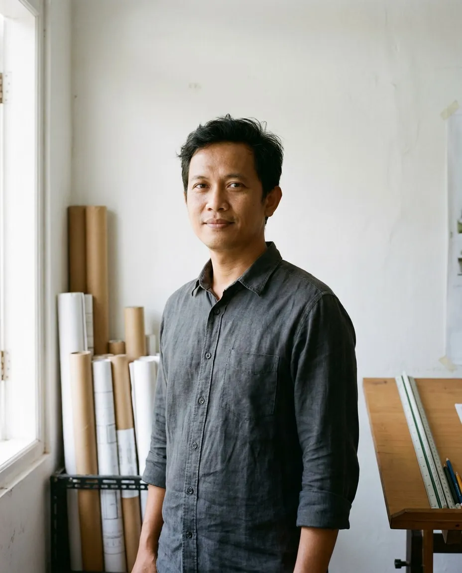 Potret Raka Danendra Wijaya, Principal Architect, pendiri, difoto hitam-putih pada latar polos di studio.