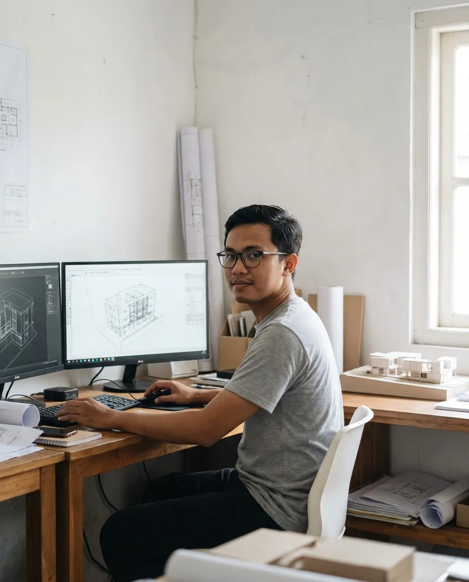 Potret Yoga Mahendra, Technical Drafter & BIM Coordinator, difoto hitam-putih pada latar polos di studio.